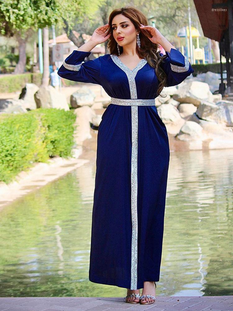 

Casual Dresses Diamonds Trim Arabian Evening Long Dress Women Soft Satin Belted Moroccan Kaftan Gufl Jalabiya Muslim Party Abayas, Royal blue dress