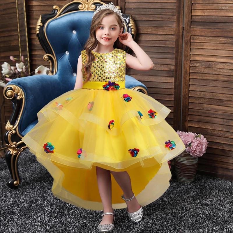 

Girl Dresses Sequin Trail Princess Dress For Girls Wedding Elegant Clothes Kids Birthday Party Applique First Communion, White