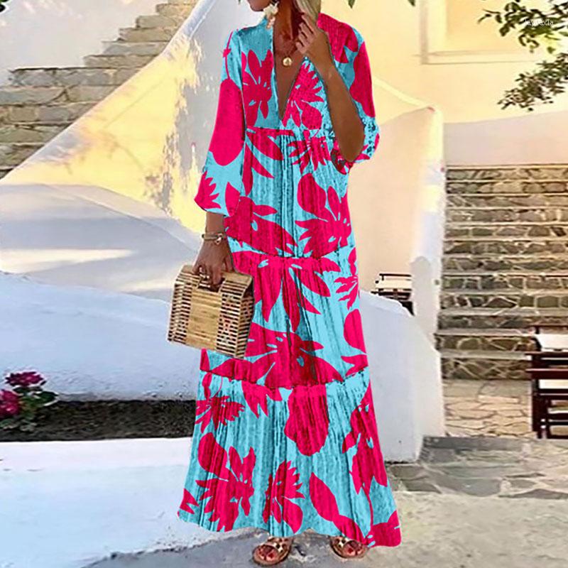 

Casual Dresses Loose V-Neck Maxi Summer Women Beach Style Printed Holiday Dress Puff Sleeve Big Swing Long Vestido Playa, Black