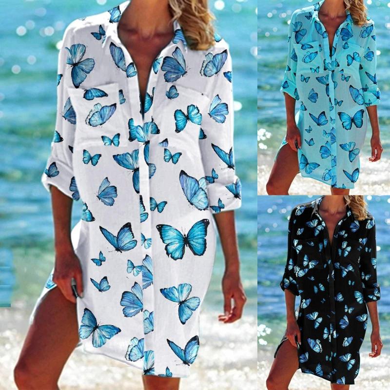 

Casual Dresses Women Three Quarter Sleeve Buttons V-Neck Dress Butterflies Print Loose Skirt Women'S Beach Leisure Holiday Travel, Black