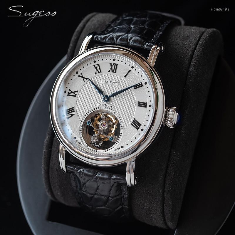 

Wristwatches Sugess Luxury Top Real Tourbillon Mechanical Watch For Men Sapphire Seagull Movement ST8000 Wrist Man Watches Fashion, C black