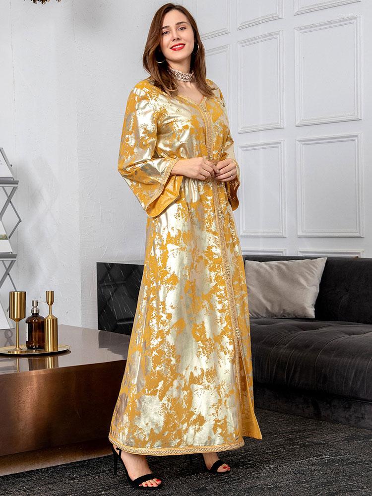 

Casual Dresses Muslim Party Long Dress Kaftan Gold Print Lined Chiffon Abaya Women Braid Trimmings Moroccan Caftan Arab Dubai Ramadan, Whitejalabiya