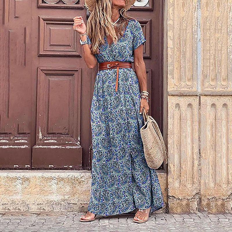 

Party Dresses Summer Women Boho Floral Print Beach Vintage Casual V Neck Belted Bohemian Long Dress Elegant Robe Femme, Green