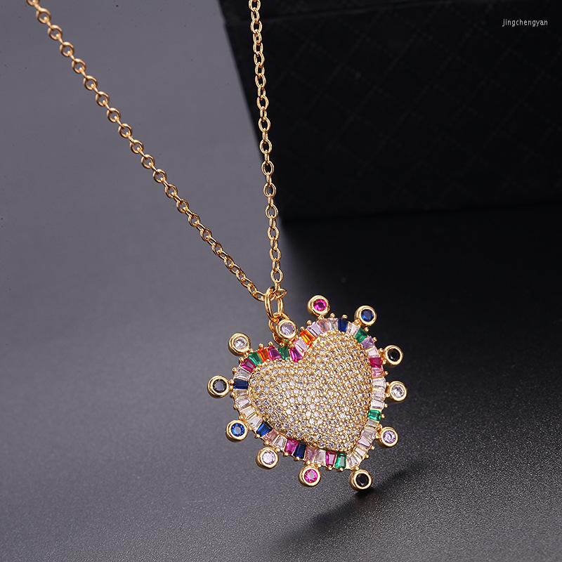 

Pendant Necklaces Micro-encrusted Necklace Colorful Love Rainbow-colored Clavicle Chain For Female Real Gold Color-preserving