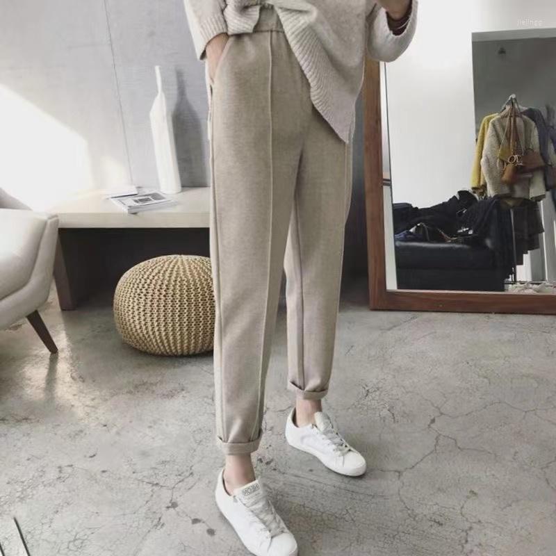 

Women's Pants Autumn Winter Extra Thick Woolen Harun Women Fashion Solid Color High Waist Pocket Loose Casual Straight Trousers, Beige