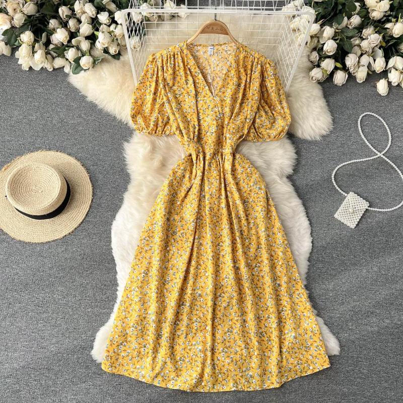 

Party Dresses Elegant Fashion Summer Women 2023 V-neck Short Puff Sleev Slim Retro Midi A-line Dress High Waist Floral Print, Yellow