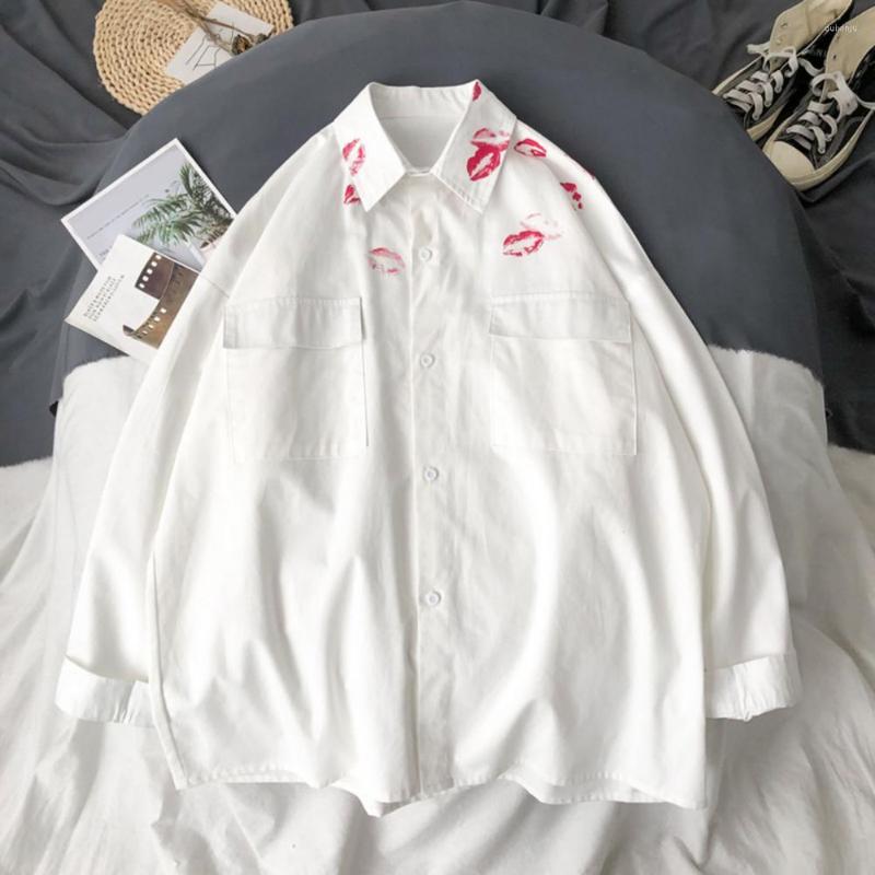 

Men's Casual Shirts Simple Men Shirt Anti-pilling Spring Autumn Kiss Print Long Sleeves Breathable Coat Daily Garment, White