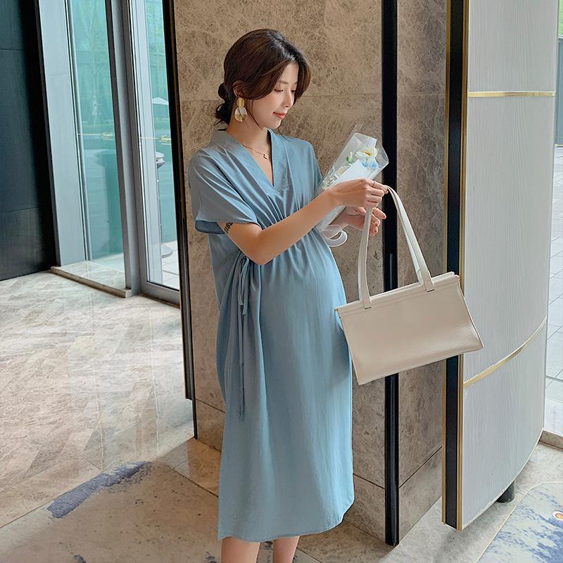 

Maternity Dresses 66338# Dress Summer Short Sleeves V Neck Stylish Pregnant Women Mom, Blue