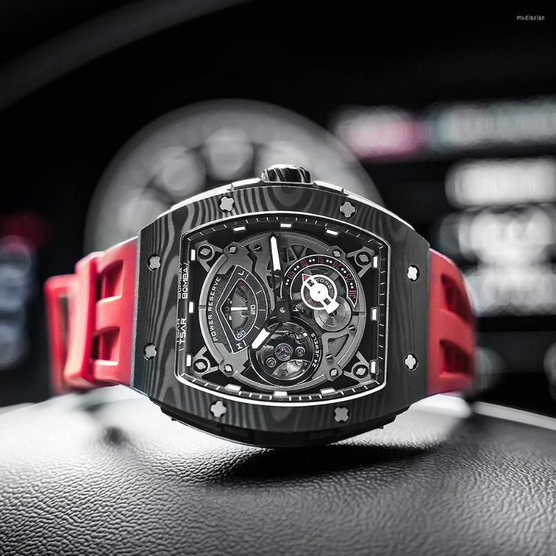 

Wristwatches Mechanical Watches Mens Carbon Fiber TSAR BOMBA Automatic Sapphire Skeleton Tonneau Design Luxury Wristwatch For Man, Black