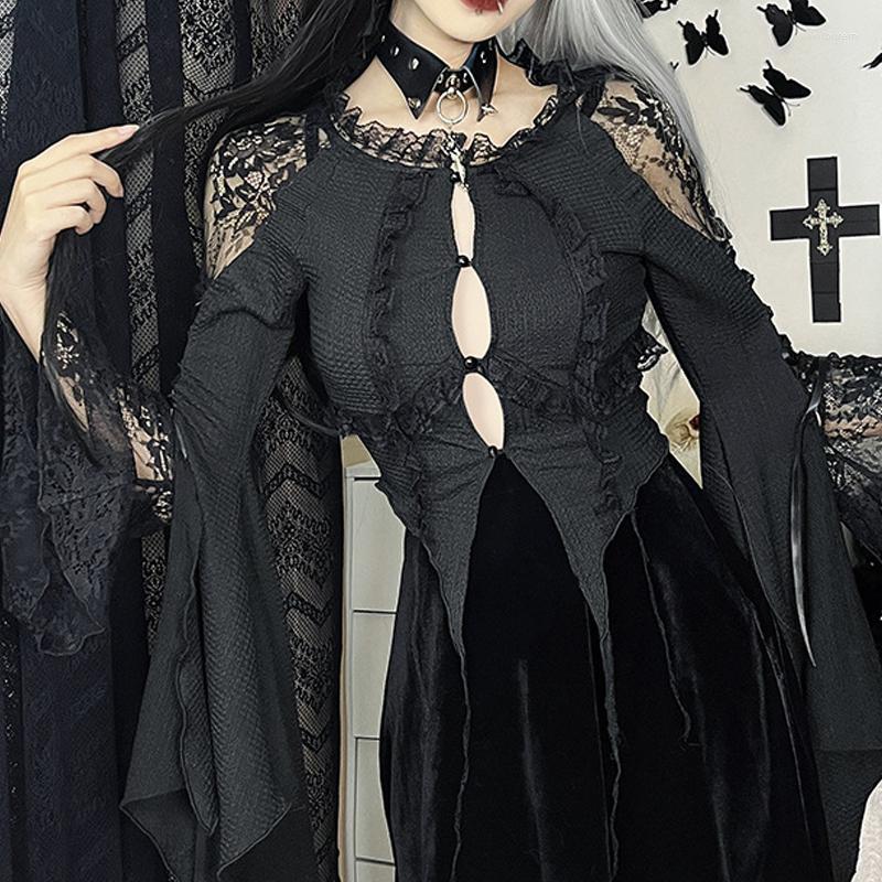 

Women' Blouses Gothic Black Lace Patchwork Shirts Ruffles Bodycon Crop Tops Mall Lace-Up Flare Sleeve Women Lolita Cosplay Grunge Egirl