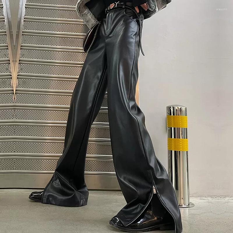 

Women' Pants Femme 2023 Spring Autumn Cool Punk Black Soft Stretchy Faux PU Leather Floor Length Streetwear Women High Waist Gothic