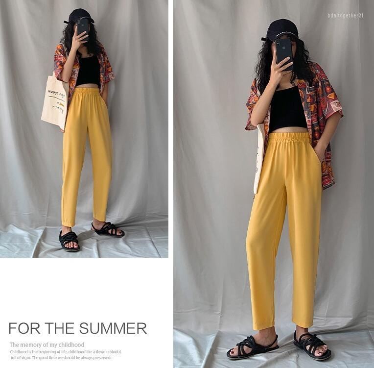 

Women' Pants Yellow Women Summer Autumn High-waist Elastic Casual Chiffon Trousers, 004