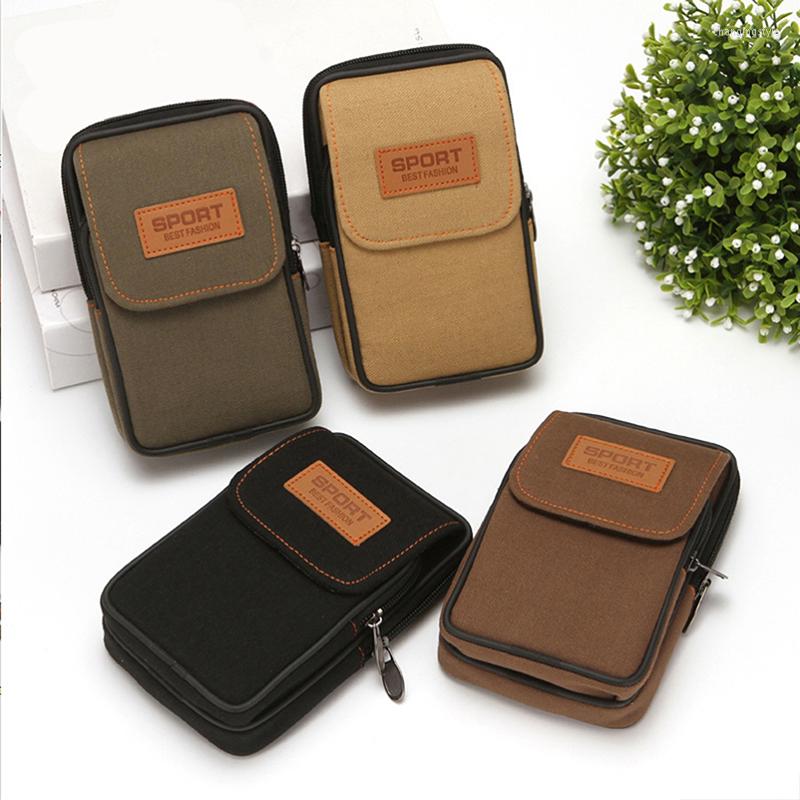 

Waist Bags Men Canvas Bag Multifunction Mobile Phone Belt Pack Casual Three-layer Zipper Waterproof Pouch, Black(vertical)