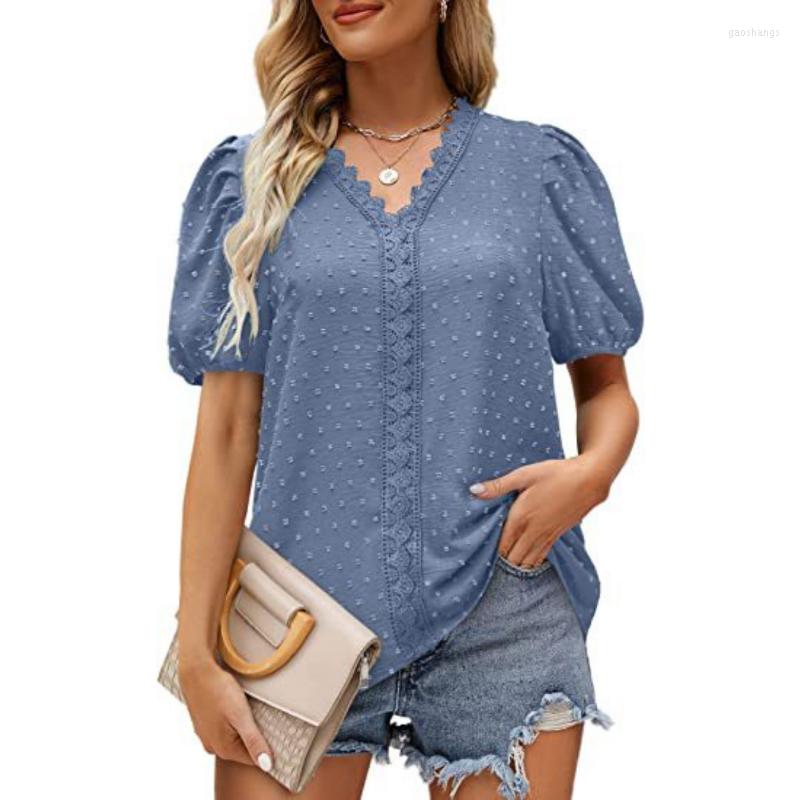 

Women' Blouses Puff Short Sleeve Slim Lace Chiffon Blouse Women 2023 Fashion Dot Summer V-neck Shirts Elegant Casual Tops Clothes Blusas, White