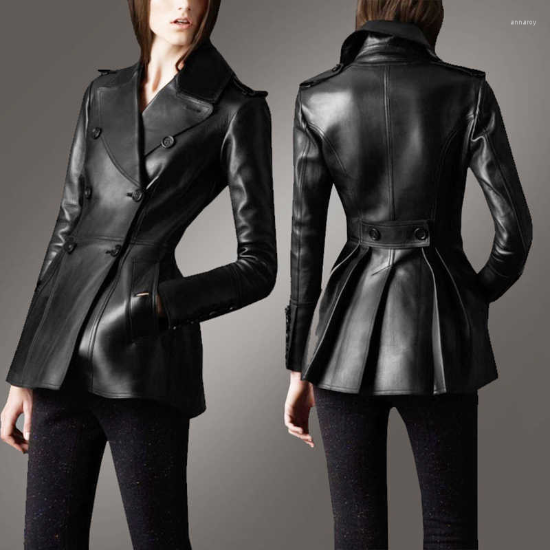 

Women's Leather Women Genuine Lambskin Long Blazer Coat Black Jacket