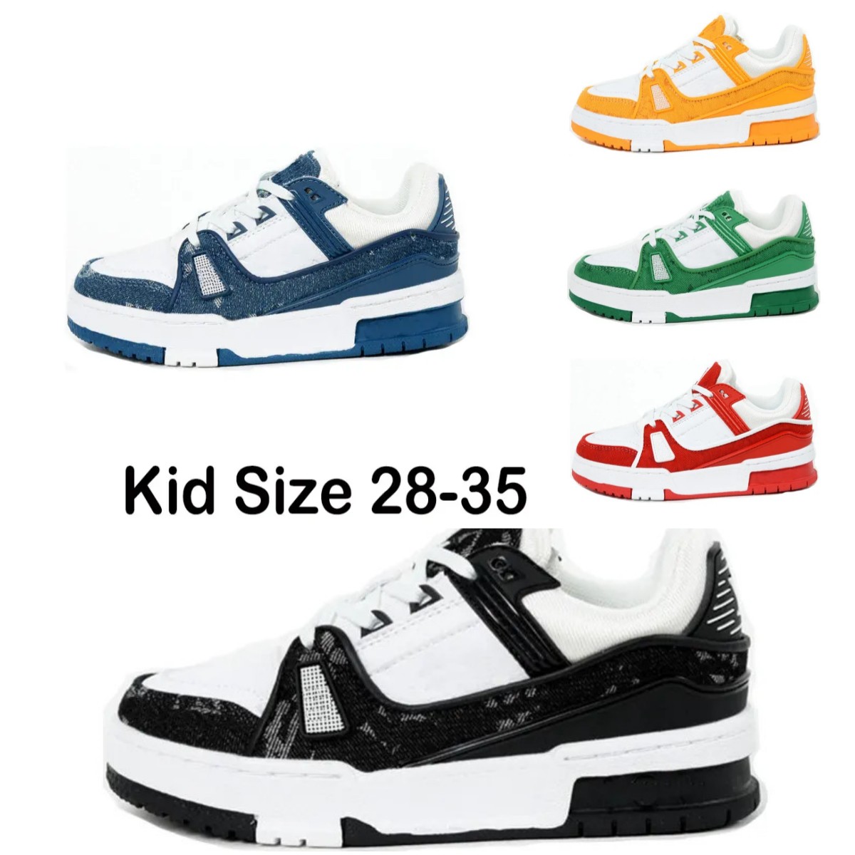 

2023 Designer Trainer Sneaker kids Virgil Casual Shoes Calfskin Leather Abloh Black White Green Red Blue Leather Overlays Platform boys girls Low Sneakers Size 28-35, Colour 02