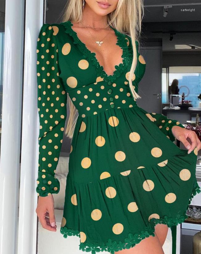 

Casual Dresses Polka Dot Print Lace Trim Ruched Dress