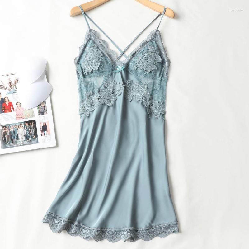 

Women's Sleepwear Lace Hollow Out Nightgown Women V-neck Sleep Dress Summer Spaghetti Strap Femme Nightdress Satin Silky Home, White