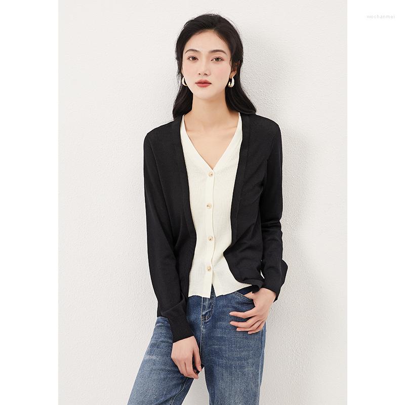 

Women's Knits Fake 2 Piece Cardigans Women High-quality Wool Long Sleeve Sweater Top Black Blue