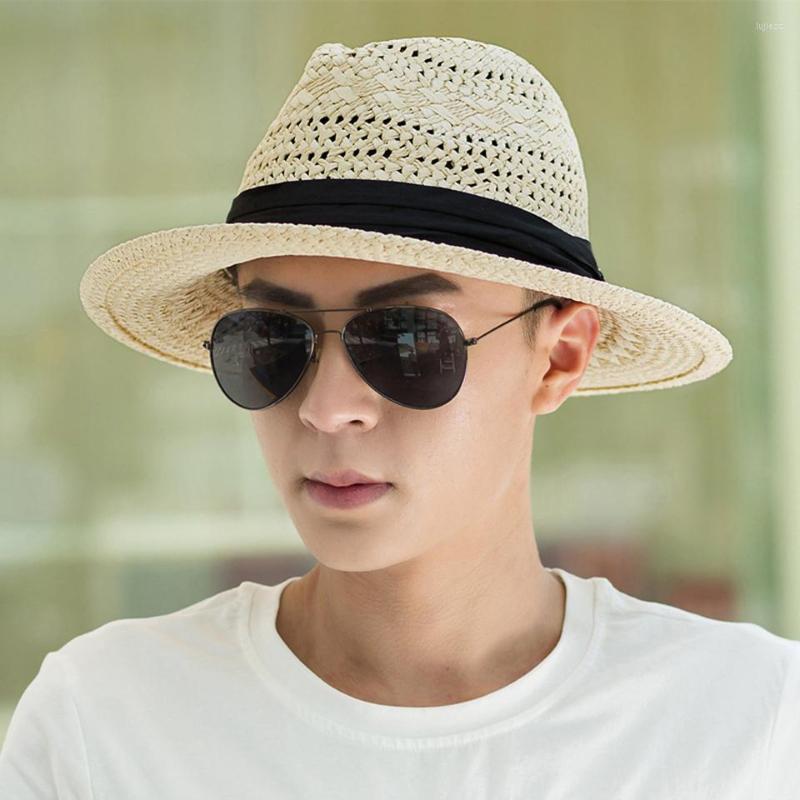 

Berets Summer Breathable Hollow Beach Hat Top Quality Cowboy Straw Wide Brim Foldable Cap Men Fedora With Black Belt, F0227-1