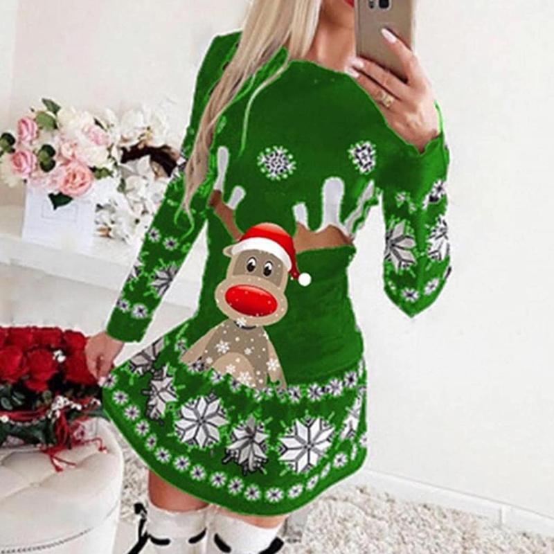 

Women' Swimwear Fashion Dresses Casual Long-sleeved Round Neck Christmas Printed Mini Dress Snowflake Party, Green