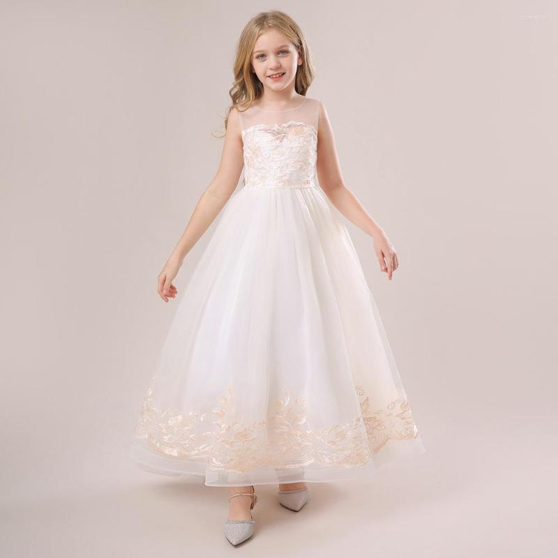 

Girl Dresses Long Flower Girls Dress Bridesmaid For Kids Wedding Party Emboridery Princess First Communion Gowns, Lp-299-white