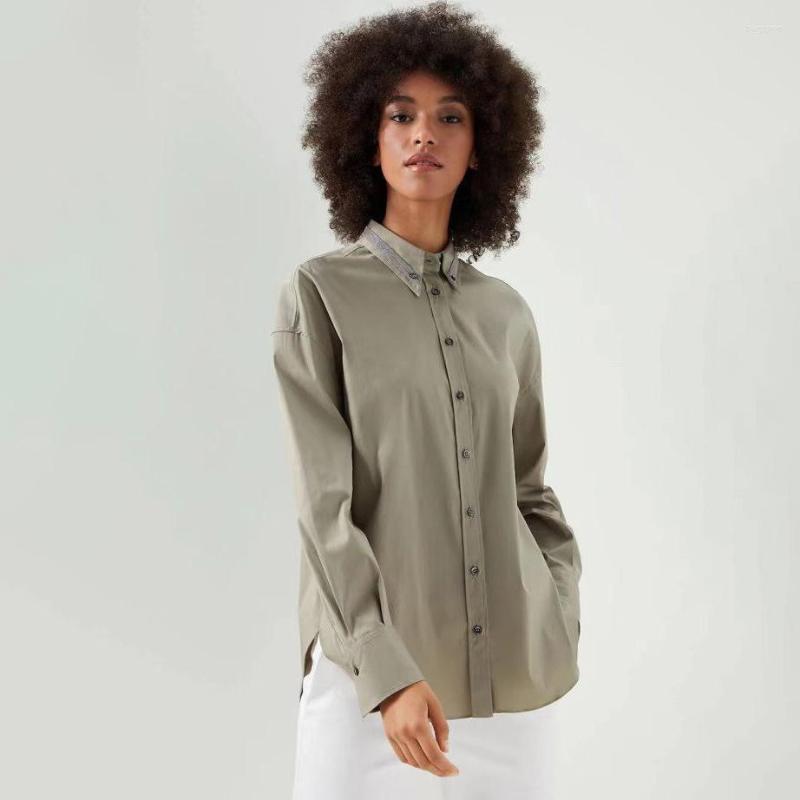 

Women' Blouses 2023 Spring And Summer Simple Shiny Bead Chain Poplin Long-sleeved Shirt Women, White
