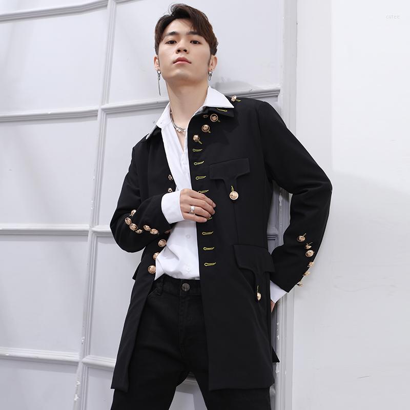 

Men's Suits Casual Blazer Men Mid-length Multi-button Personalized Jacket Tops Slim Vintage Suit Large Size Stage Costumes For Singers, Black