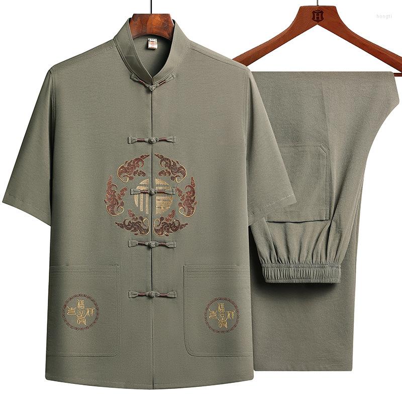 

Men's Casual Shirts Green Traditional Chinese Style Tang Suit Embroidery Pattern Handmade Buttons Blouse Men T Tops Jackets Pants