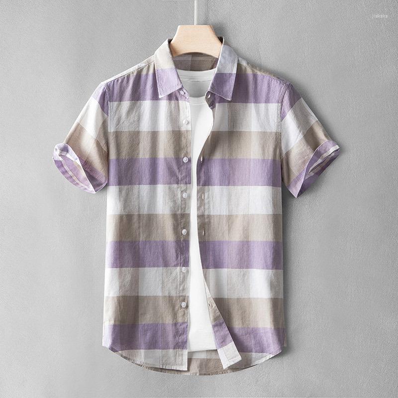 

Men's Casual Shirts Summer Thin Linen Cotton Breathable Shirt High Quality Men's Color Blocking Plaid Short Sleeve Blouse, Blue