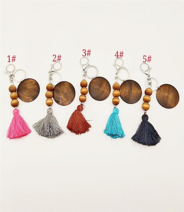 

5 styles Wooden Beaded Key Ring with Cotton Tassel Pendant Keychains DIY Print Wood Chip Keychain Party Favo DB7718036738