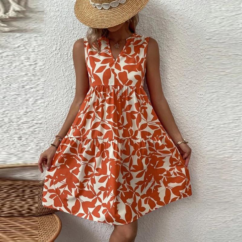 

Casual Dresses Elegant Summer Dress Women Plant Print V Neck Ruffle Hem Boho Sleeveless Loose Beach Holiday Mini For, Dbu