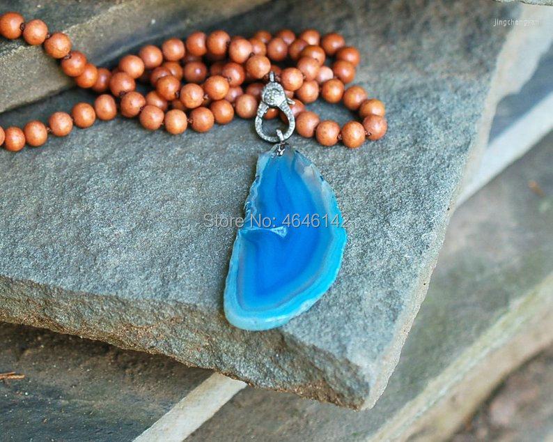 

Pendant Necklaces Hand Knotted Pave Clasp Wood Beads Necklace With Blue Agate Slice