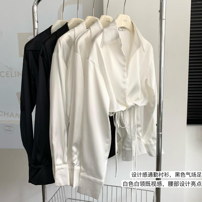 

Women's Blouses Lauri Laki Crop Tops Short Satin Blouse For Women Elegant Sexy Cross Long Sleeve Shirts 2023, Black