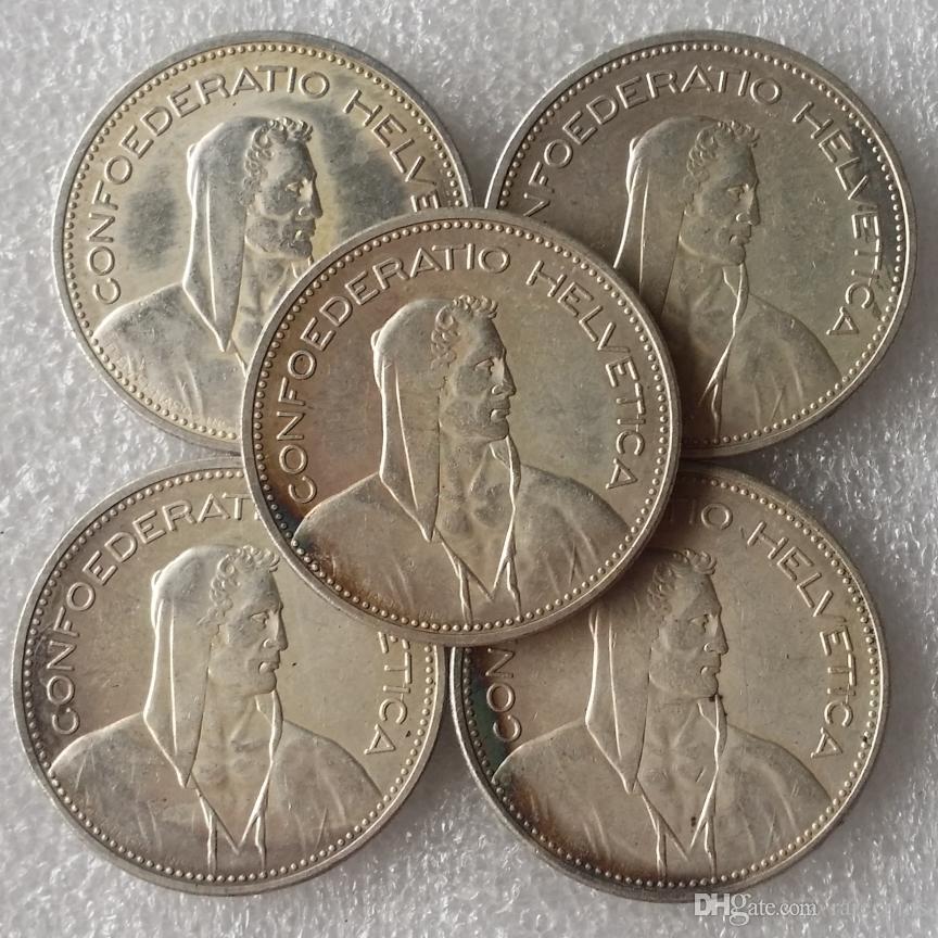 

Crafts 5pcs Different Dates Switzerland Confederation Silver 5 francs 5 franken Copy Coin Diameter 31 45mm for Decoration