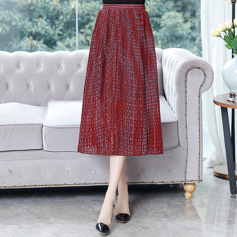 

Skirts 2023 Summer Chiffon Women Elegant Floral Print High Waist Midi Skirt Casual A Line Loose Beach Pleated, Blue