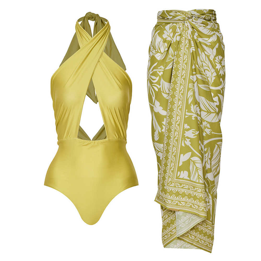 

Yellow Color Cross Halter One Piece Swimsuit 2022 Fashion Hollow Backless Bikini Sexy Strap Pool Dress Chiffon Elegant Beachwear230413, Green