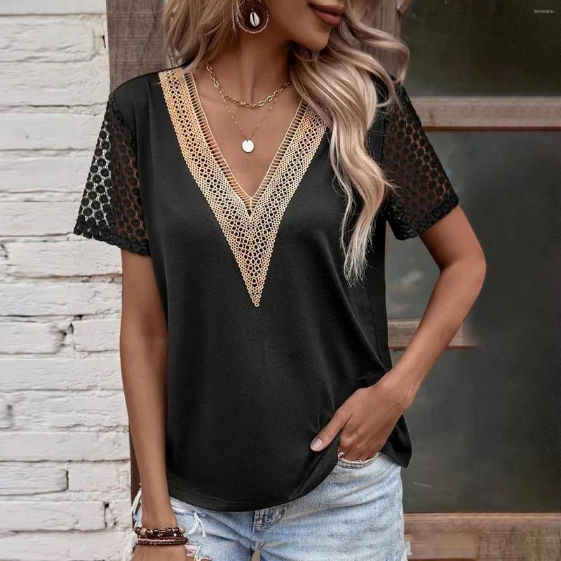 

Women' Blouses Women Cap Sleeve Summer Casual Tops V Neck Lace Solid Color Shirts Loose Fit Blouse, Black