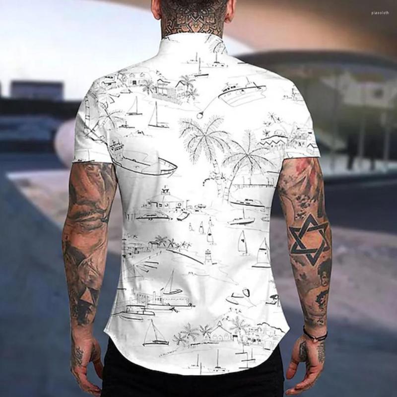 

Men's Casual Shirts Chic Men Shirt Sea Boat Coconut Tree Print Breathable Male Summer Beach Top, Green