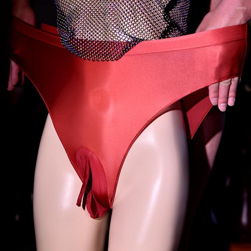 

Underpants Men High Waist Underwear Oil Shiny Glossy Convex Pouch Silky Elephant Nose Sissy Gay Elastic Briefs Thong, Wine red