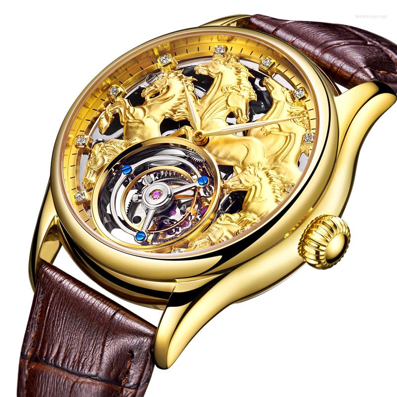 

Wristwatches Gold Zodiac Horse Men's Full Skeleton Luxury Tourbillon Mechanical Watch Sapphire Mens Genuine Leather Watches Relogio