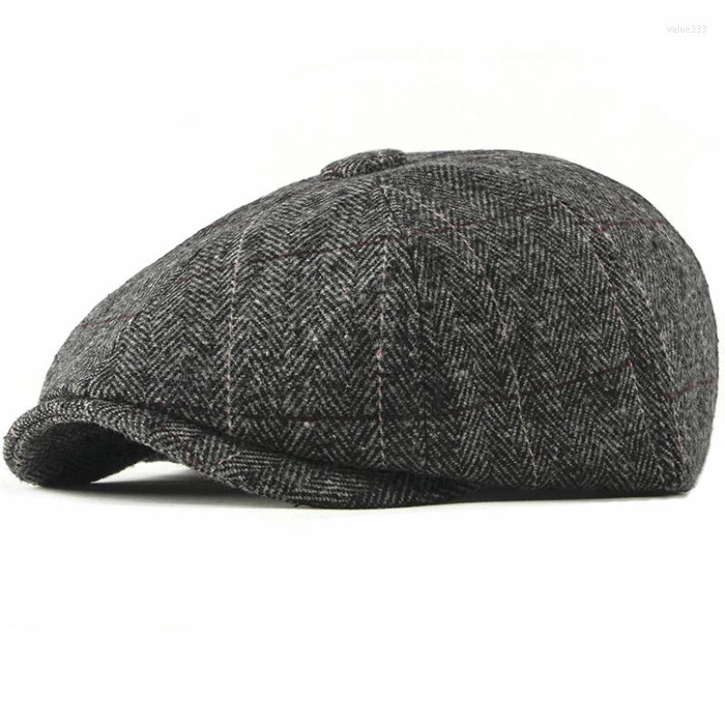 

Berets HT2739 Beret Cap Wool Men Plaid Octagonal Sboy Artist Painter Hat Ivy Flat Autumn Winter For, Black