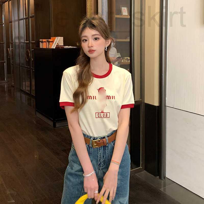 

Women' Knits & Tees designer Correct version miu short sleeved t-shirt for women 2023 Spring Valentine' Day Cat Girl Letter Print Short T-shirt M1YX, Milky white