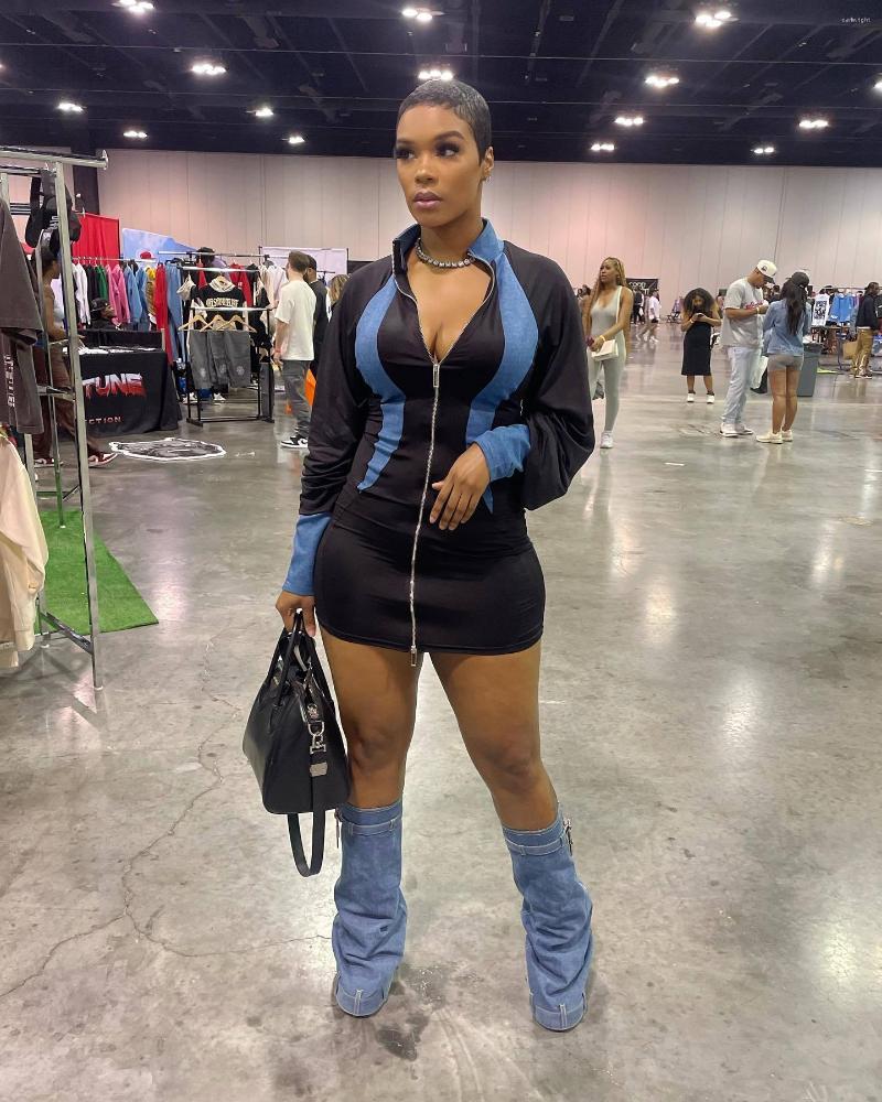 

Casual Dresses 2023 Long Sleeve Denim Stitching Hip Dress Sexy All-Matching Slimming High Waist Hip-Wrapped Color Matching, Black