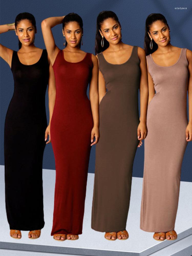 

Casual Dresses Summer For Women 2023 Sexy Vest Long Dress Sleeveless Tight Wrap Hip Midi Femme O-Neck Solid Sling Vestidos, Claret