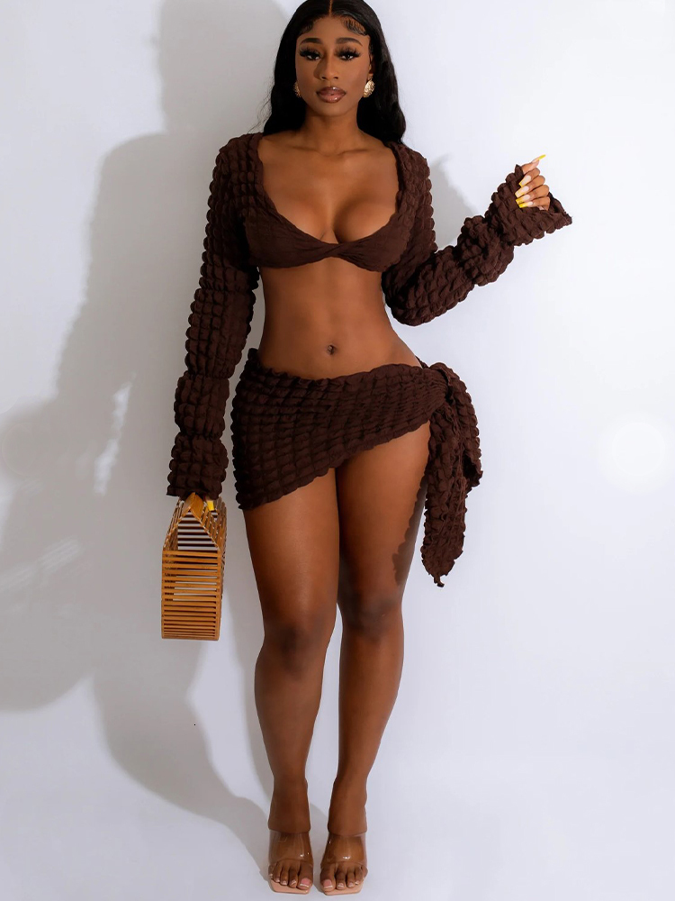 

Two Piece Dress Habbris Autumn Sexy Solid 2 Set Club Outfit For Women Long Sleeve Crop Top And Mini Skirt Female Matching 230413, Apricot