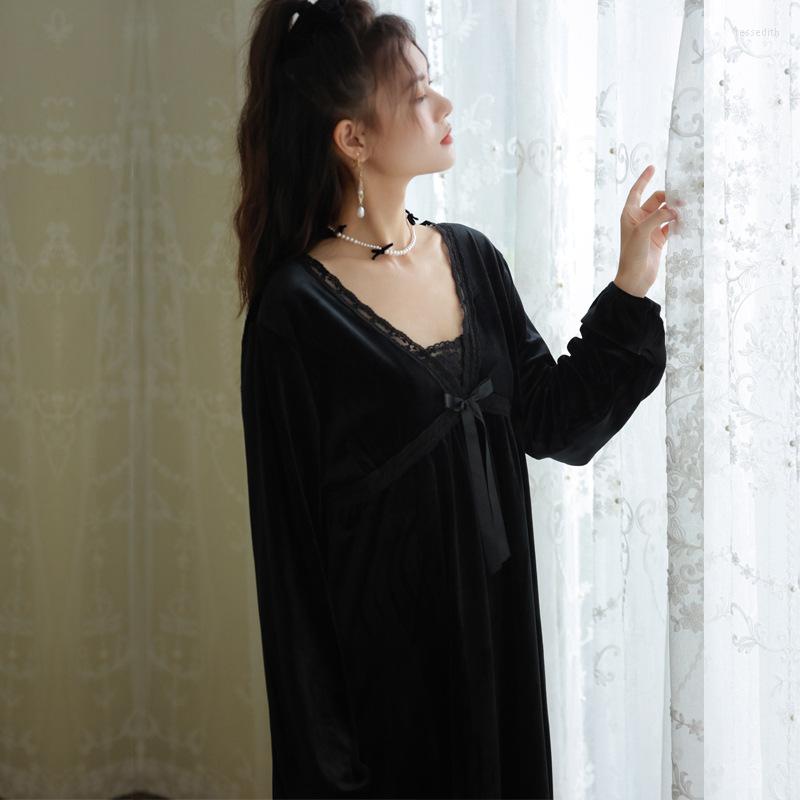 

Women's Sleepwear Winter Sexy V-Neck Long Velour Nightdress Princess Style Full Sleeve Nightgown Women Gold Velvet Homewear Nightwear, Dark green
