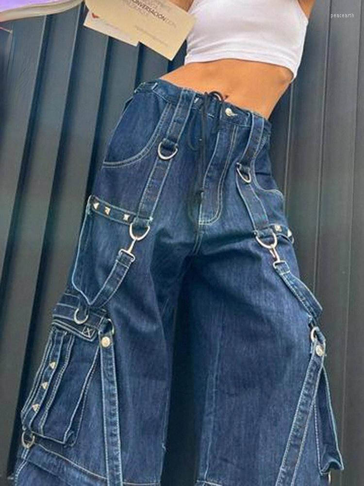 

Women' Jeans 90s Streetwear Wide Leg Ribbon Big Pocket Baggy Cargo Pants Casual Y2k Denim Trousers Women Korean Fashion Hip Hop, Blue