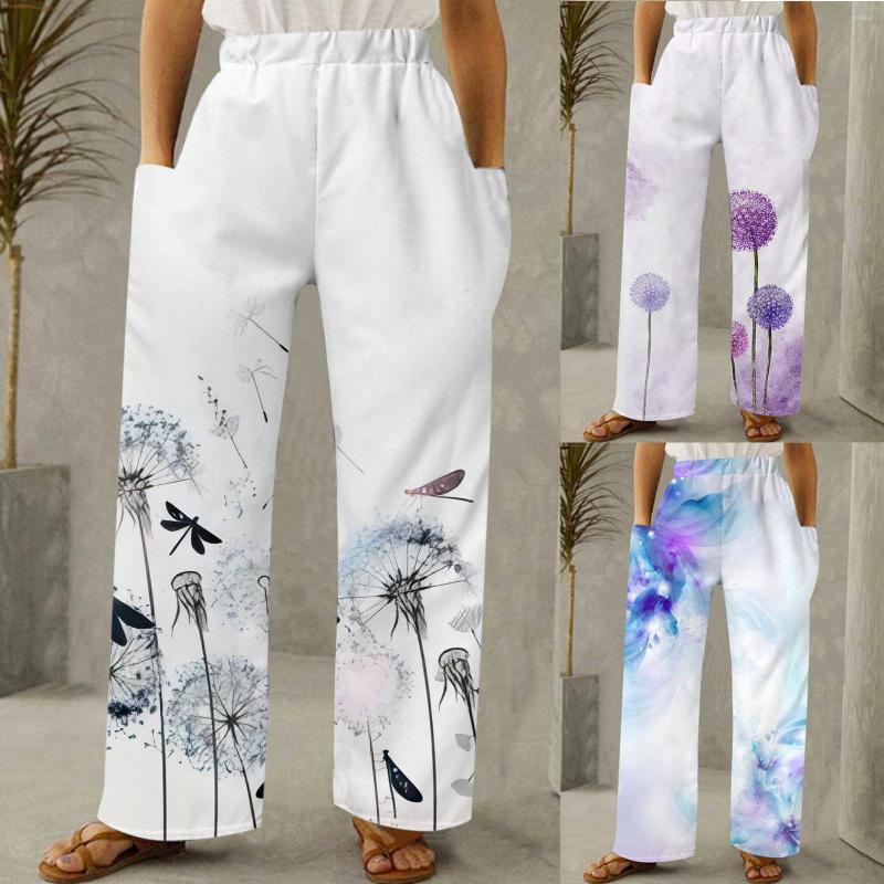 

Women' Pants Women Spring And Summer Casual Vacation Floral Print Trousers Pocket Wide Leg, White