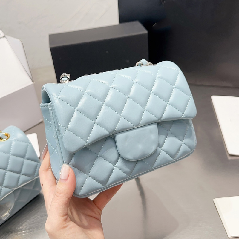 

Womens Designer Classic Mini Flap Sqaure Bags Lambskin Quilted Gold/Silver Metal Hardware Matelasse Chain Crossbody Shoulder Handbags Vanity Purse 17CM 9 Colors, Box